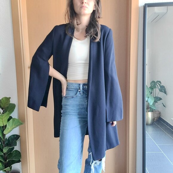 Zara Basic Outerwear Navy Blue Wool Longline Double Breasted Blazer Coat Size XS - Picture 4 of 15